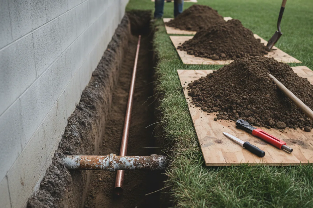 Excavated water line trench during Water Heater Repair in Elmira